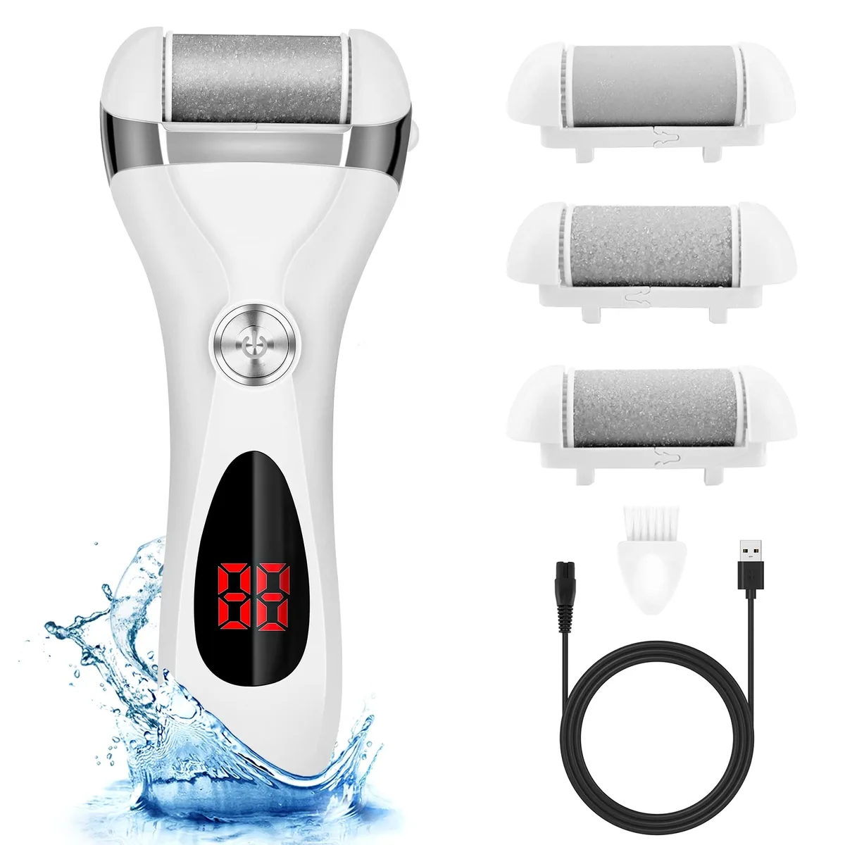 Black electric foot callus remover with LED display, three grinding heads and USB cable