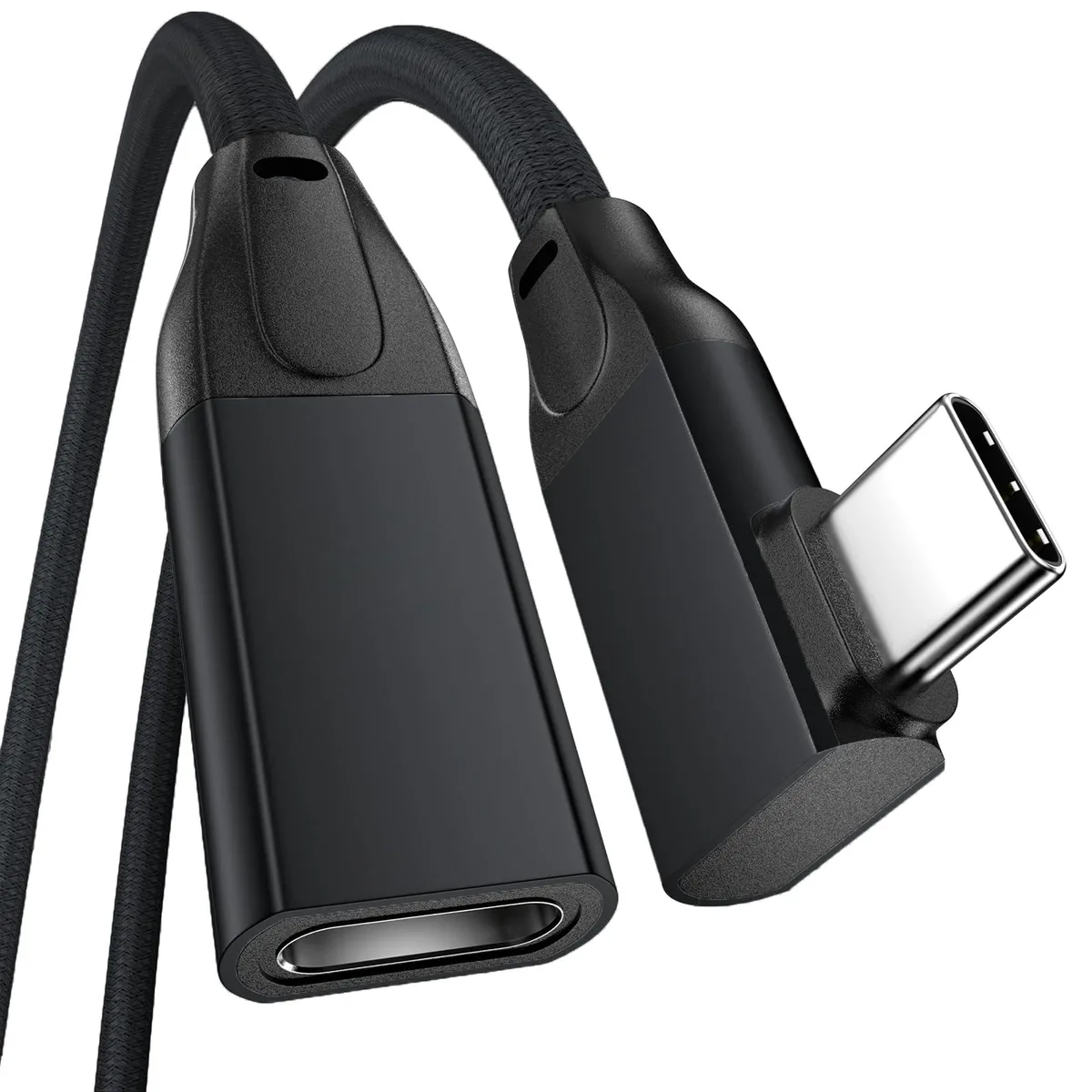 Black nylon-braided USB-C male-to-female extension cable with 90-degree right-angle connector, 6ft length