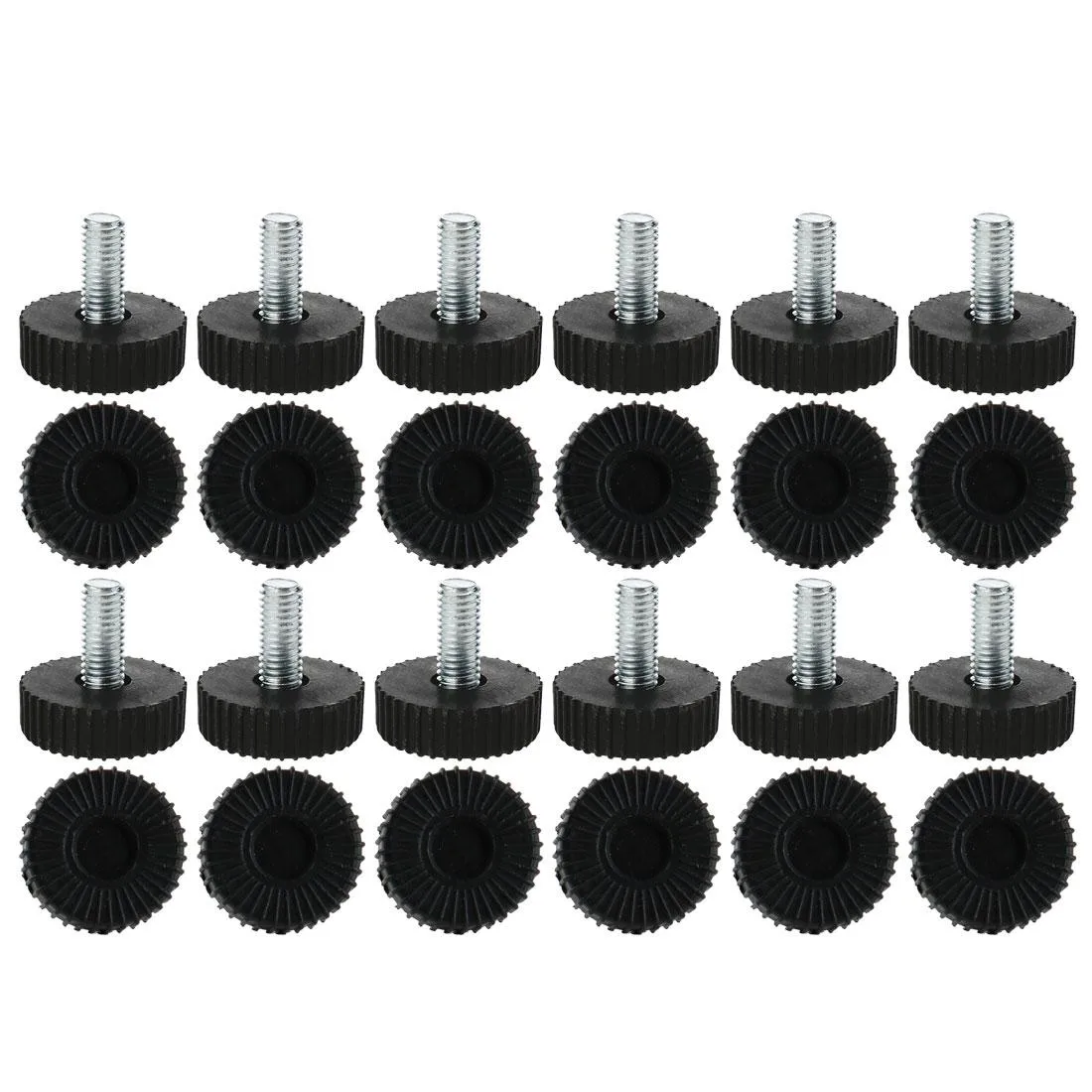 Twenty-four silver M8 leveling feet with black plastic bases and threaded stems