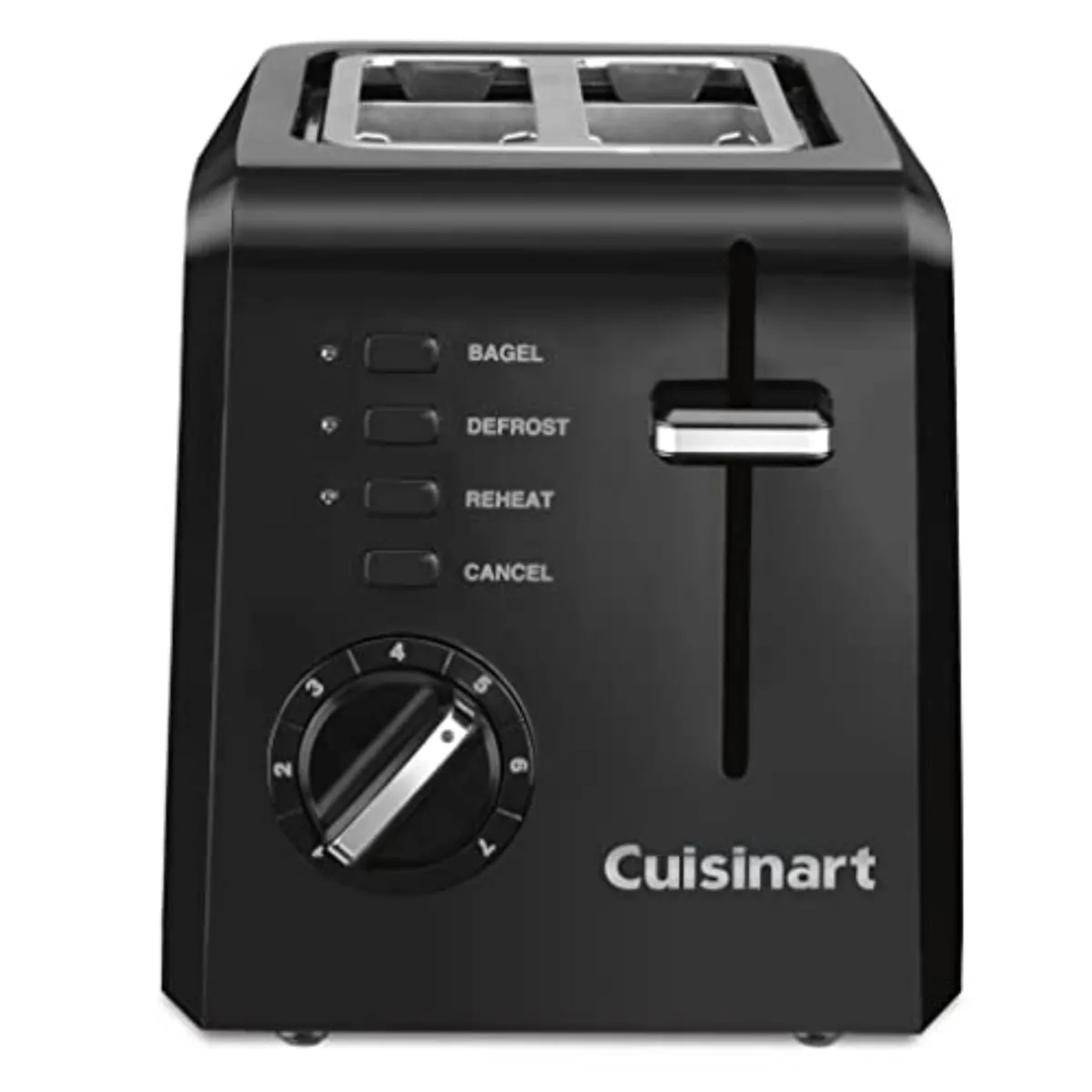 Black compact plastic toaster with stainless steel accents, two wide slots, shade dial and slide-out crumb tray