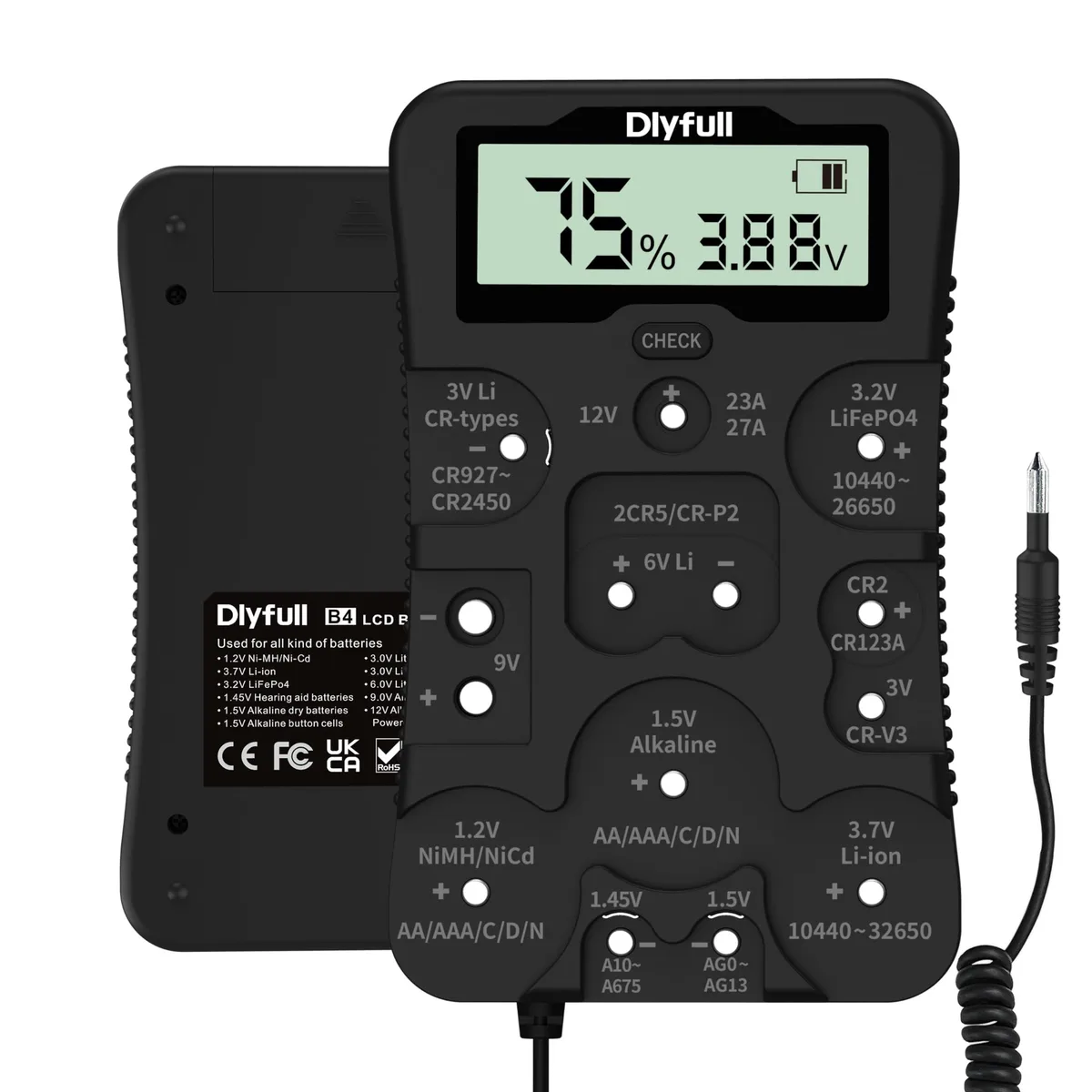 Compact rectangular battery tester with LCD screen and multiple contact slots