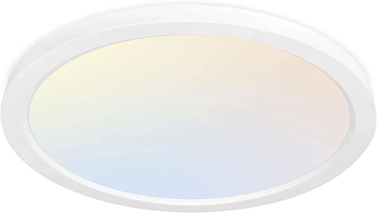White ultra-slim 12 inch round flat LED panel light, 1.5 in deep, edge-lit flush mount ceiling fixture