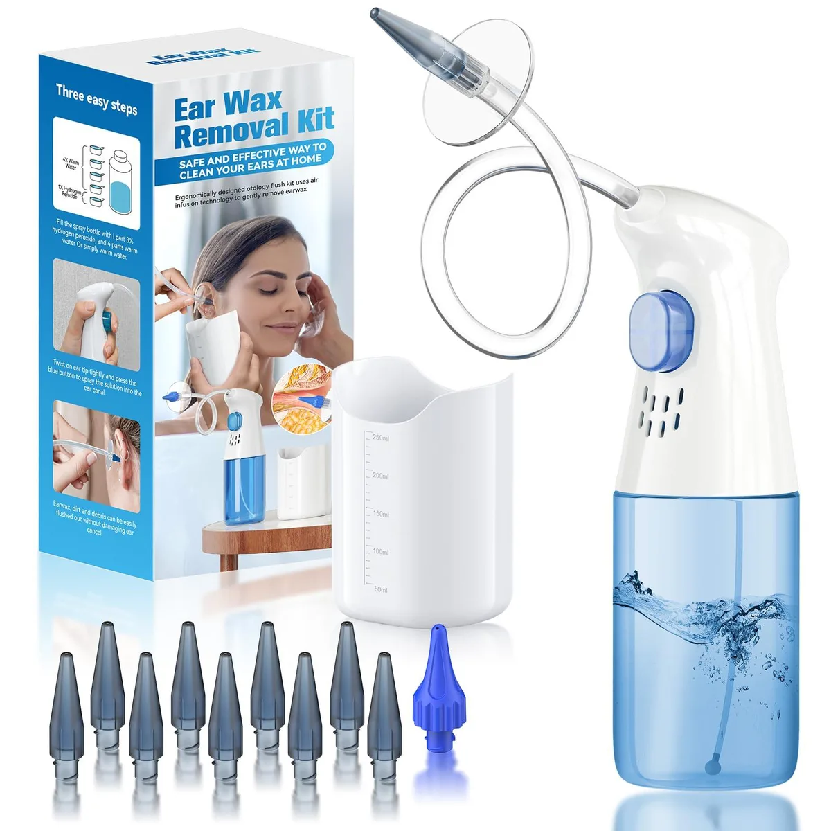 Blue ear irrigation kit with basin, spray bottle, and multiple silicone nozzles