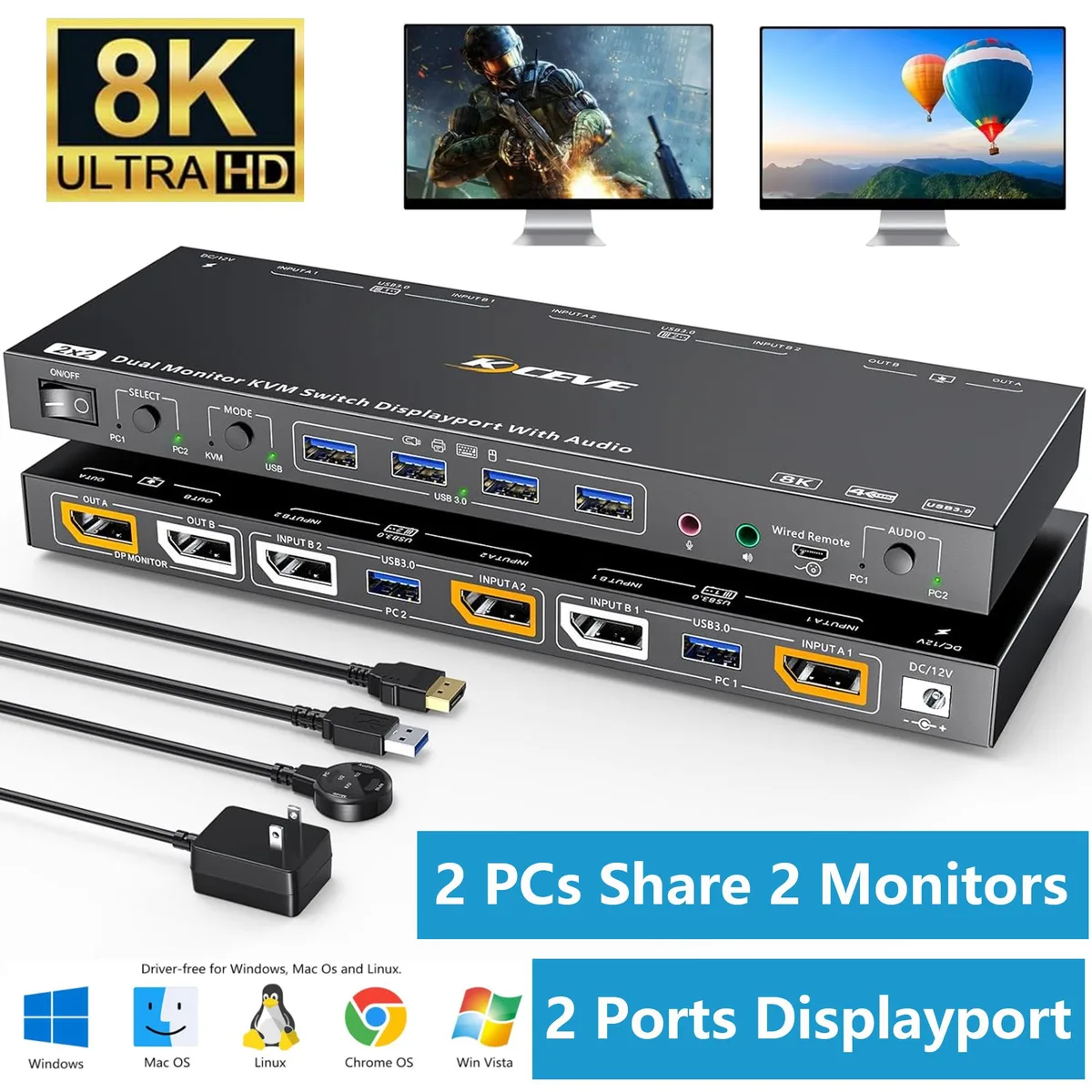 IHDAPP IHDAPP Voice Controlled DisplayPort KVM Switch 2 Monitors 2 Computers 8K@30Hz 4K@144Hz — product photo