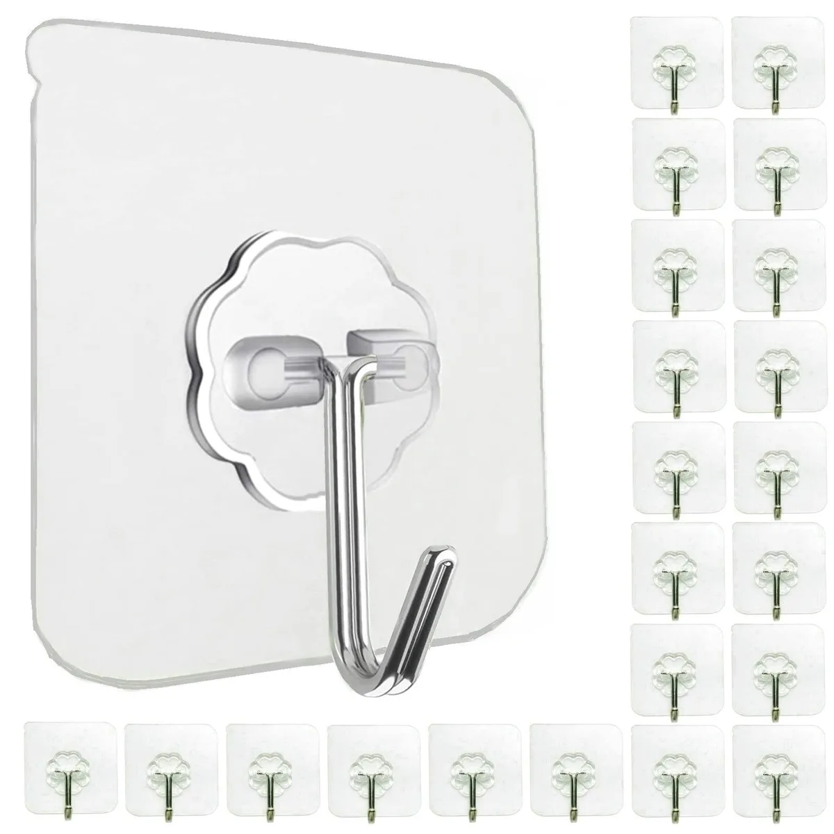 Clear stainless steel and PVC adhesive hooks in a 24 pack