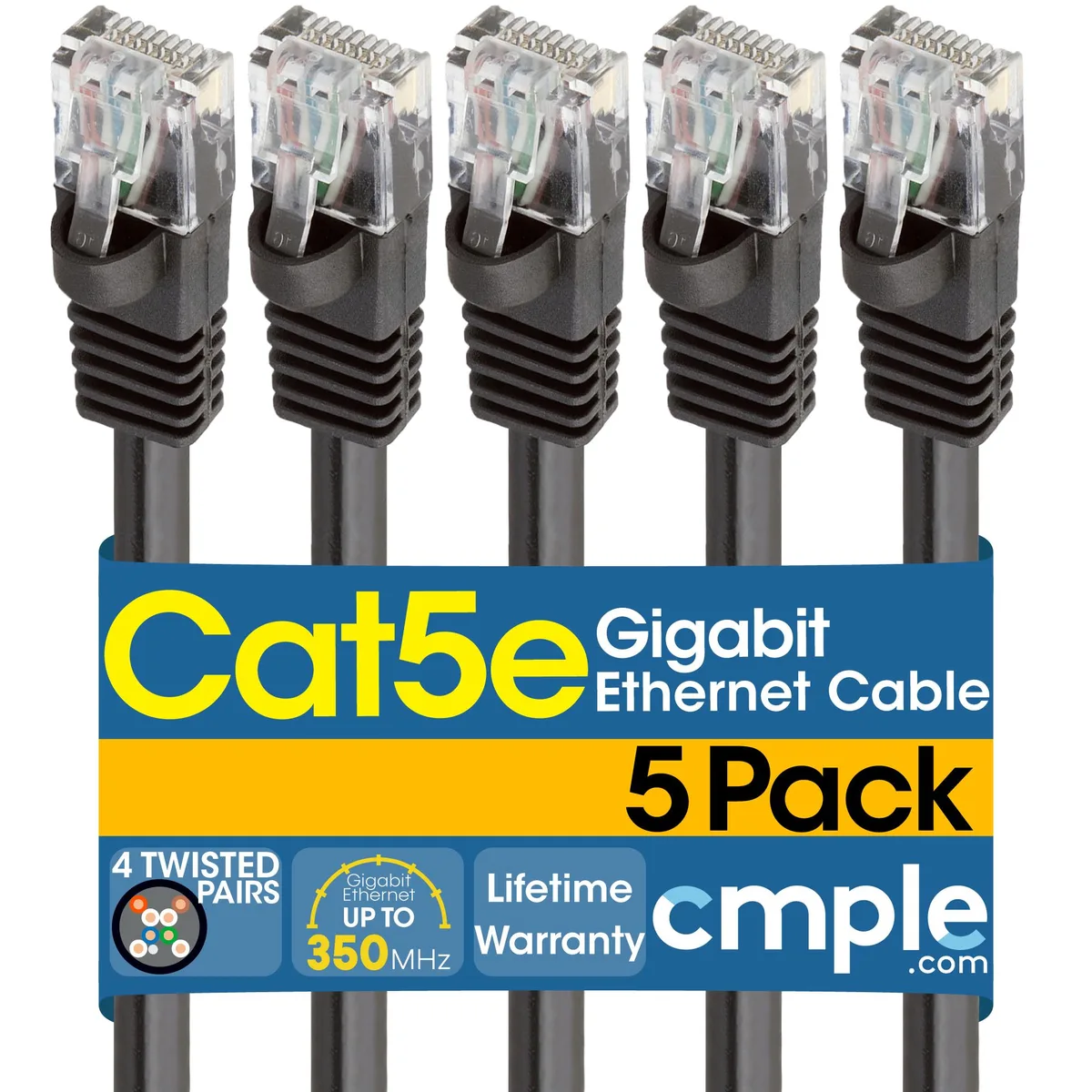 Five black 10 ft Cat5e patch cords with RJ45 plugs