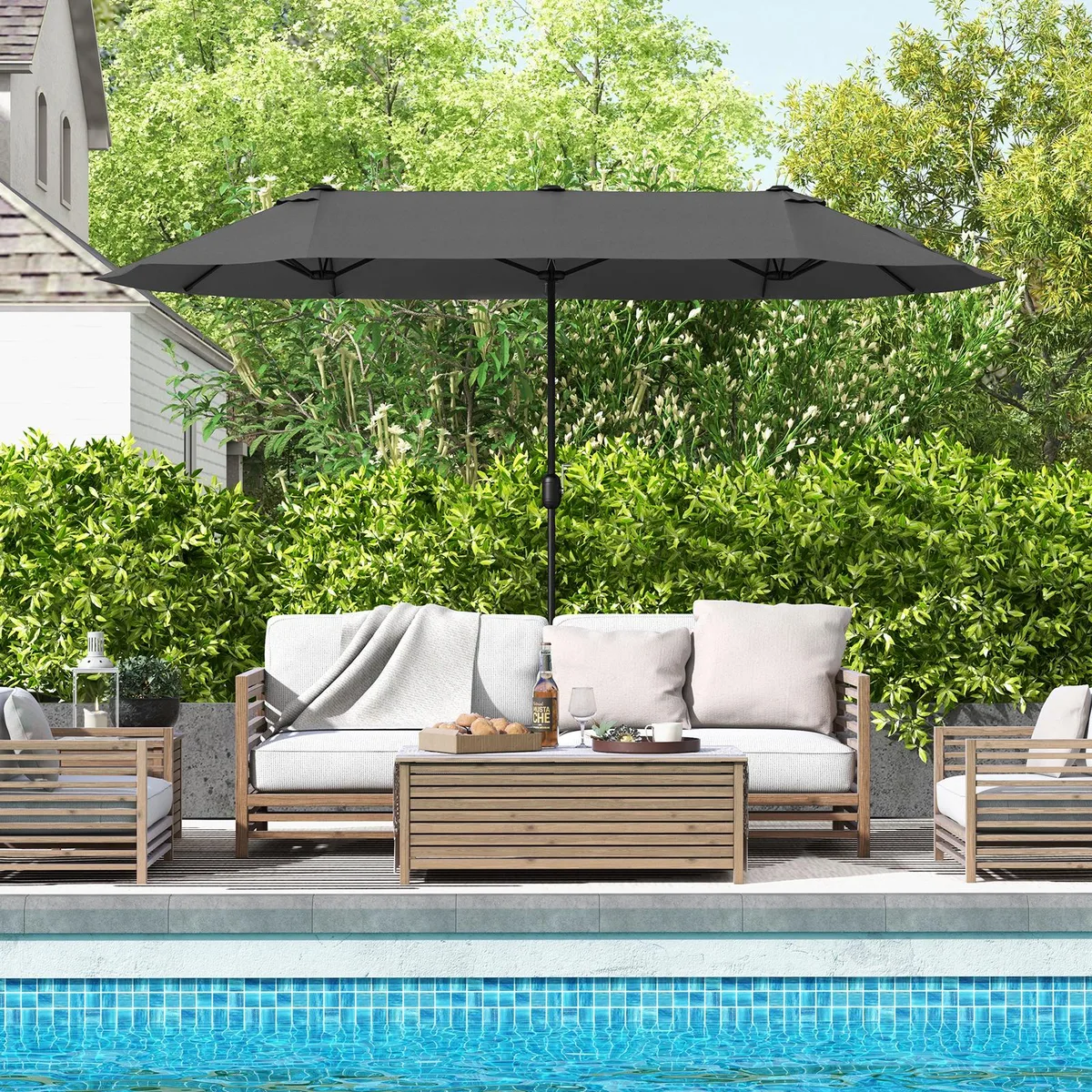 Grey double-sided patio umbrella with crank handle and metal pole, 13 ft wide canopy with vented top and 12 ribs