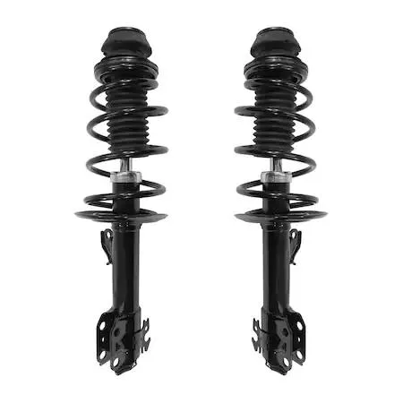 Pair of silver front strut assemblies with coil springs and top mounts, new condition