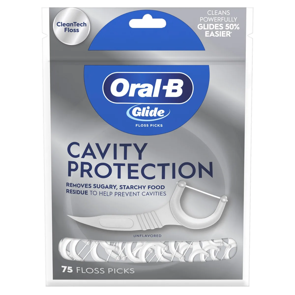 White plastic floss pick pack, 75 count, unflavored cavity protection
