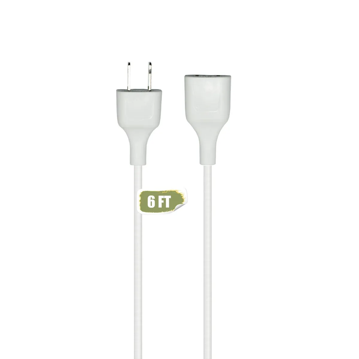 White 6 ft power extension cord with thin two-prong plug