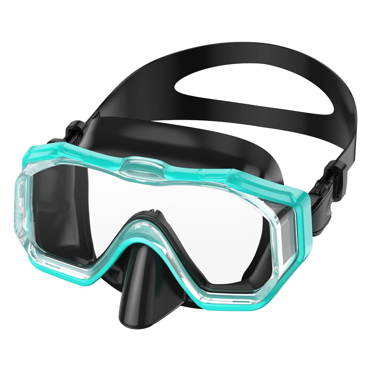Black three-lens swim mask with integrated nose cover and adjustable strap