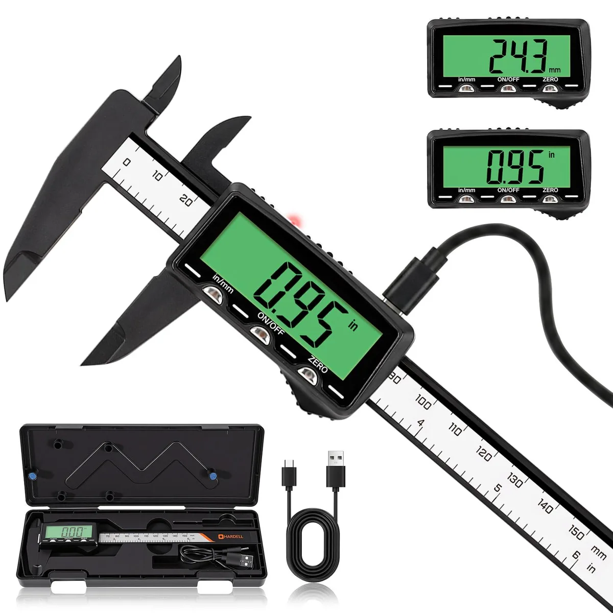  Rechargeable Digital Caliper 6" Plastic Green Screen .01" .2mm 20min charge — product photo