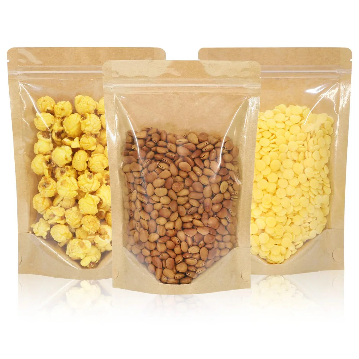 A stack of 100 kraft stand-up pouches with clear front windows and zipper closures