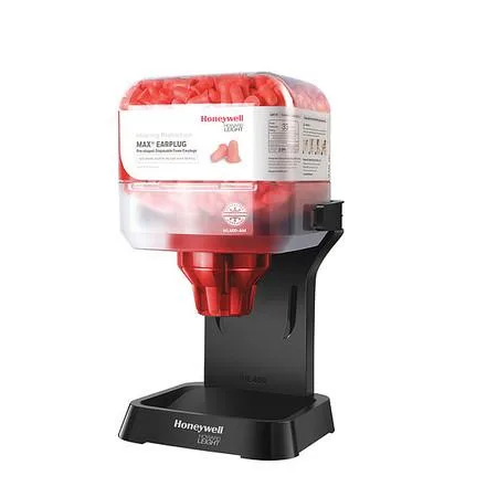 Transparent dispenser with orange foam earplugs visible inside