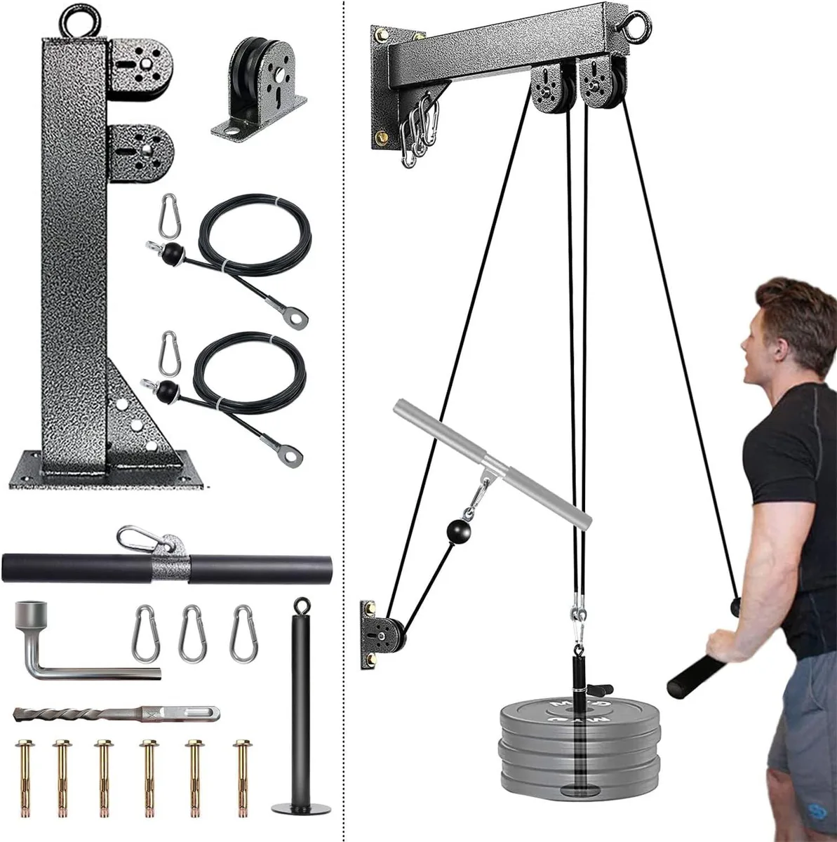Wall-mounted steel pulley system with cable, silent wheel, loading pin and lat bar