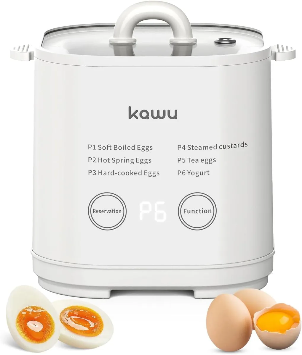 Compact white egg cooker with stainless steel bowl and 15 oz capacity
