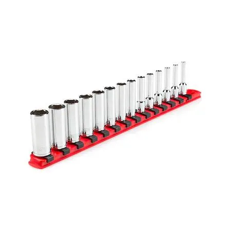 TEKTON 14-piece deep socket set on rail, transparent case