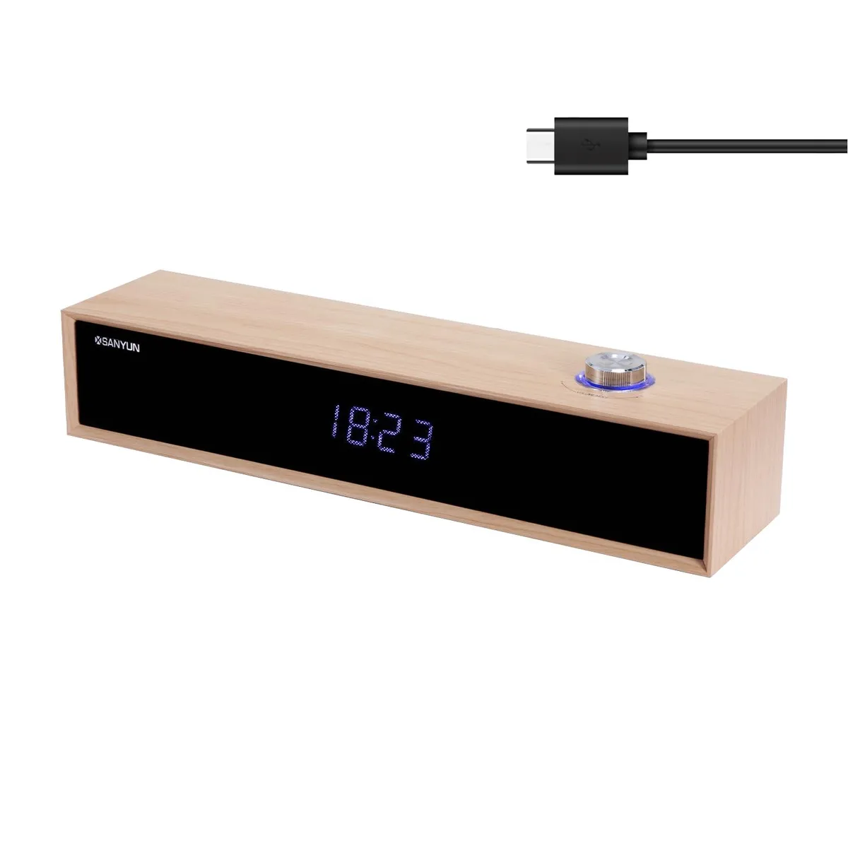 White desktop soundbar, MDF wood cabinet, matte finish, LED clock knob, 37 cm wide