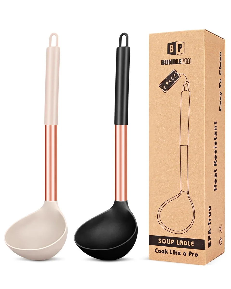 Twelve-piece silicone cutlery set in rose gold and black-khaki, ladles and turners with hanging holes