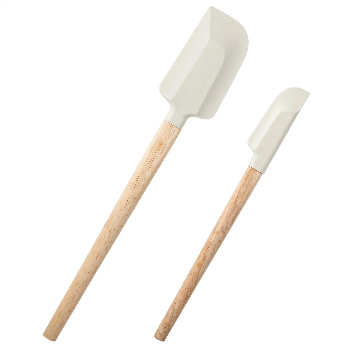 Two white silicone spatulas with light wooden handles, sizes 12.5 in and 9.05 in