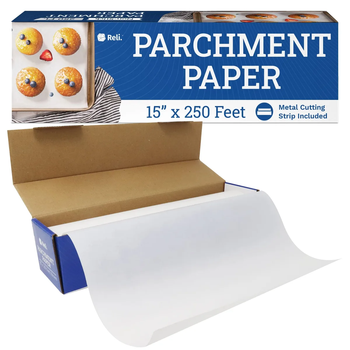 White parchment paper roll in cardboard dispenser box with serrated edge