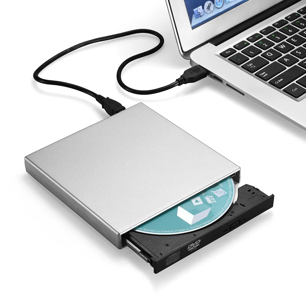 Silver external CD/DVD burner with dual USB cables