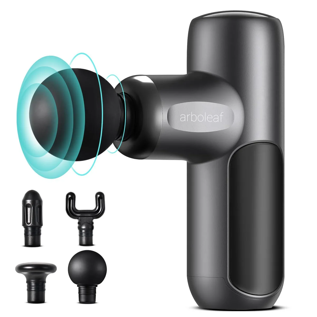 Compact slate-gray massage gun with anti-slip handle and four attachments