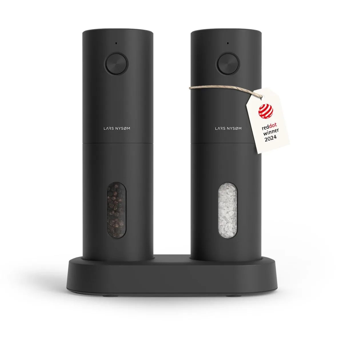 Two matte black electric mills on a USB-C charging base