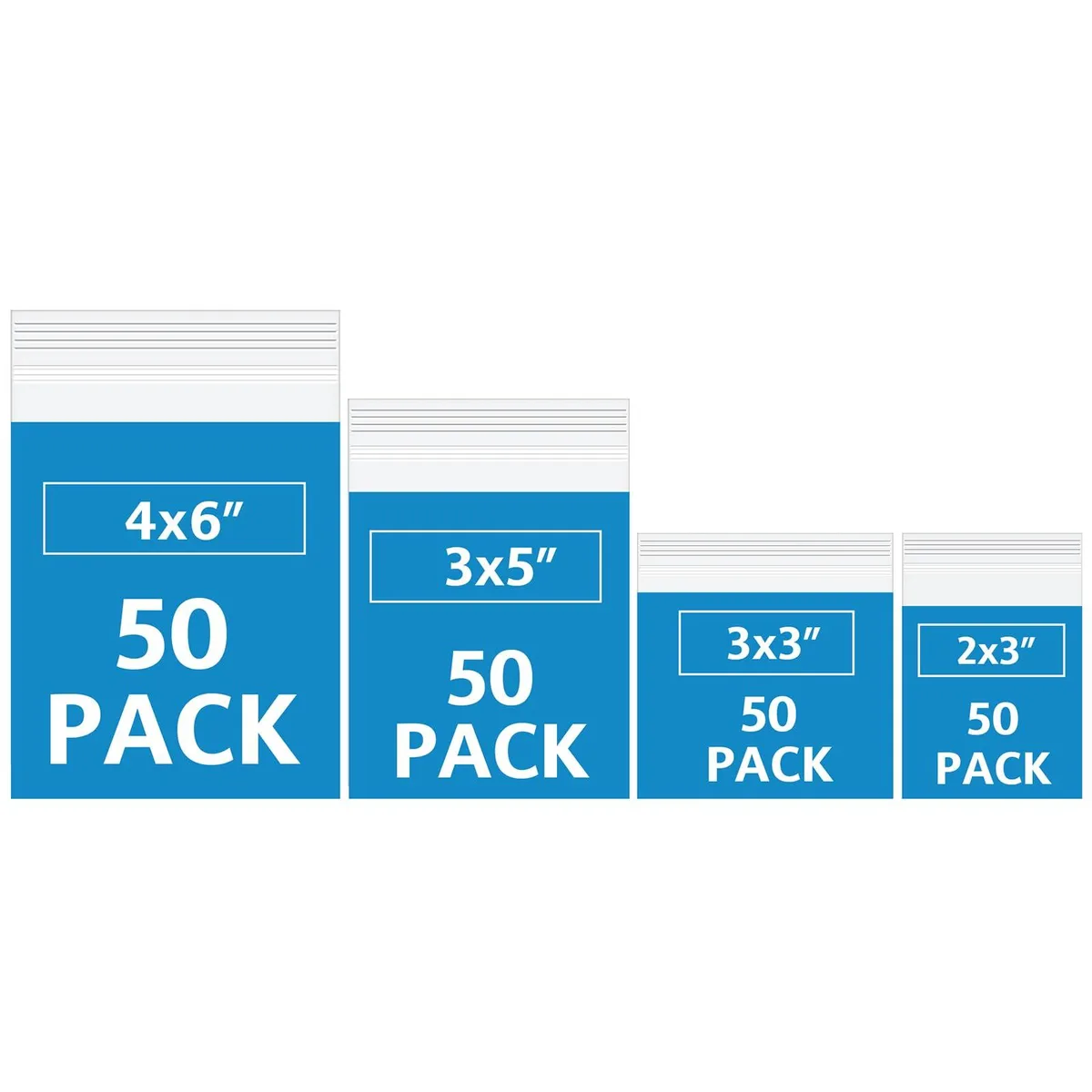 Clear resealable plastic bags in four assorted sizes, 200 count, silver finish
