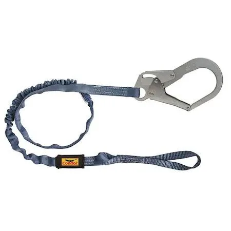 Blue polyester shock-absorbing lanyard with steel rebar hook and web loop