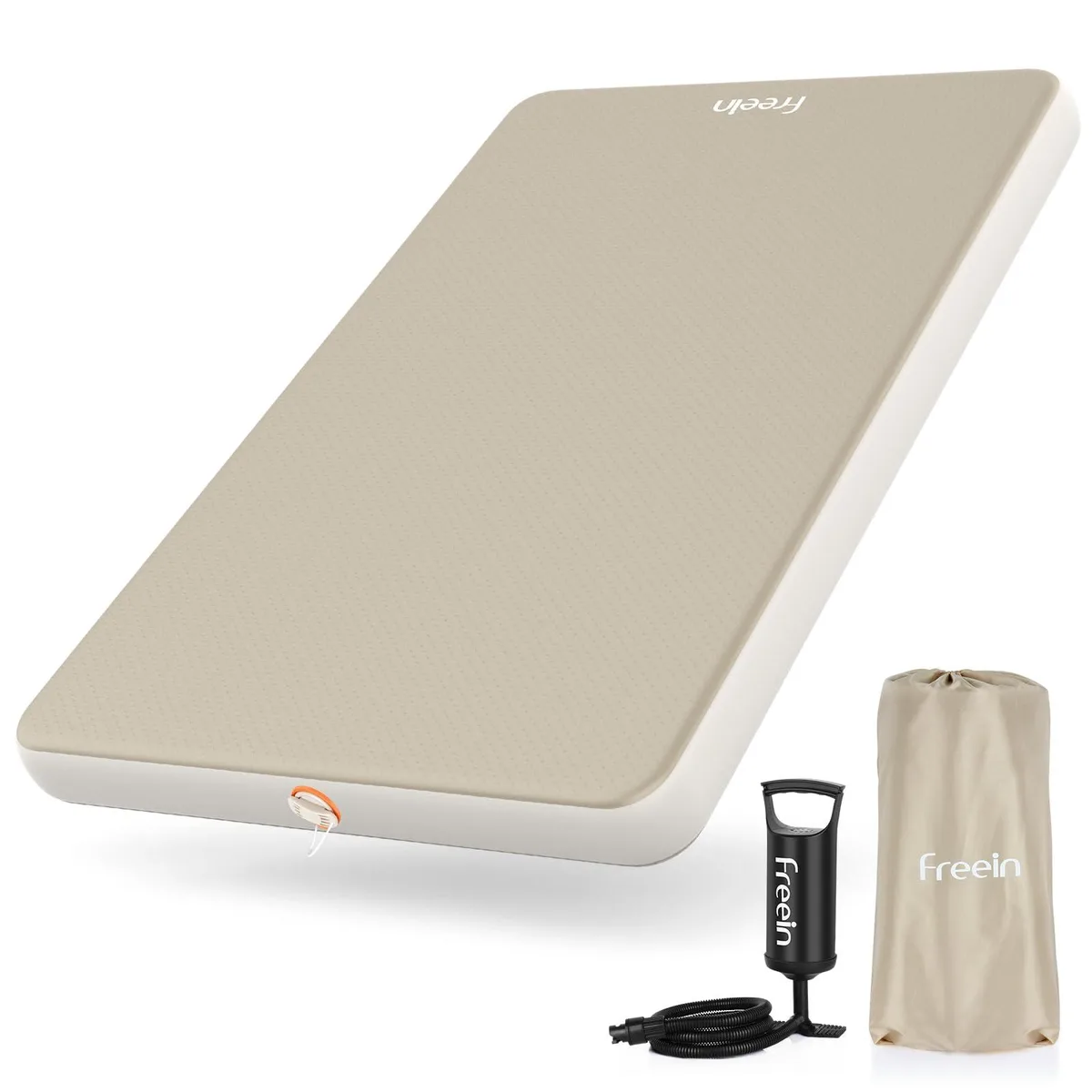 Beige inflatable sleeping pad rectangular shape 76 by 51 inches 4 inches thick drop-stitch fabric
