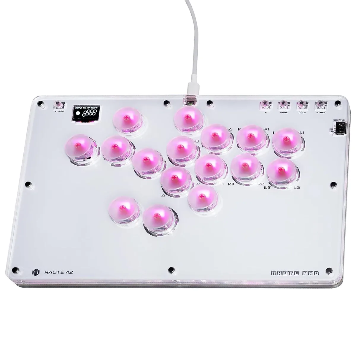 Transparent acrylic arcade stick with RGB lighting, low-profile buttons, slim rectangular shape