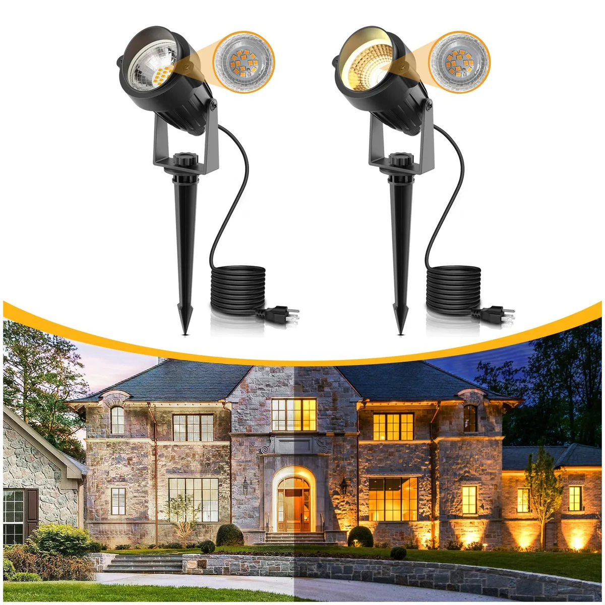 Two black contemporary outdoor spotlights with long cords and photocell sensors