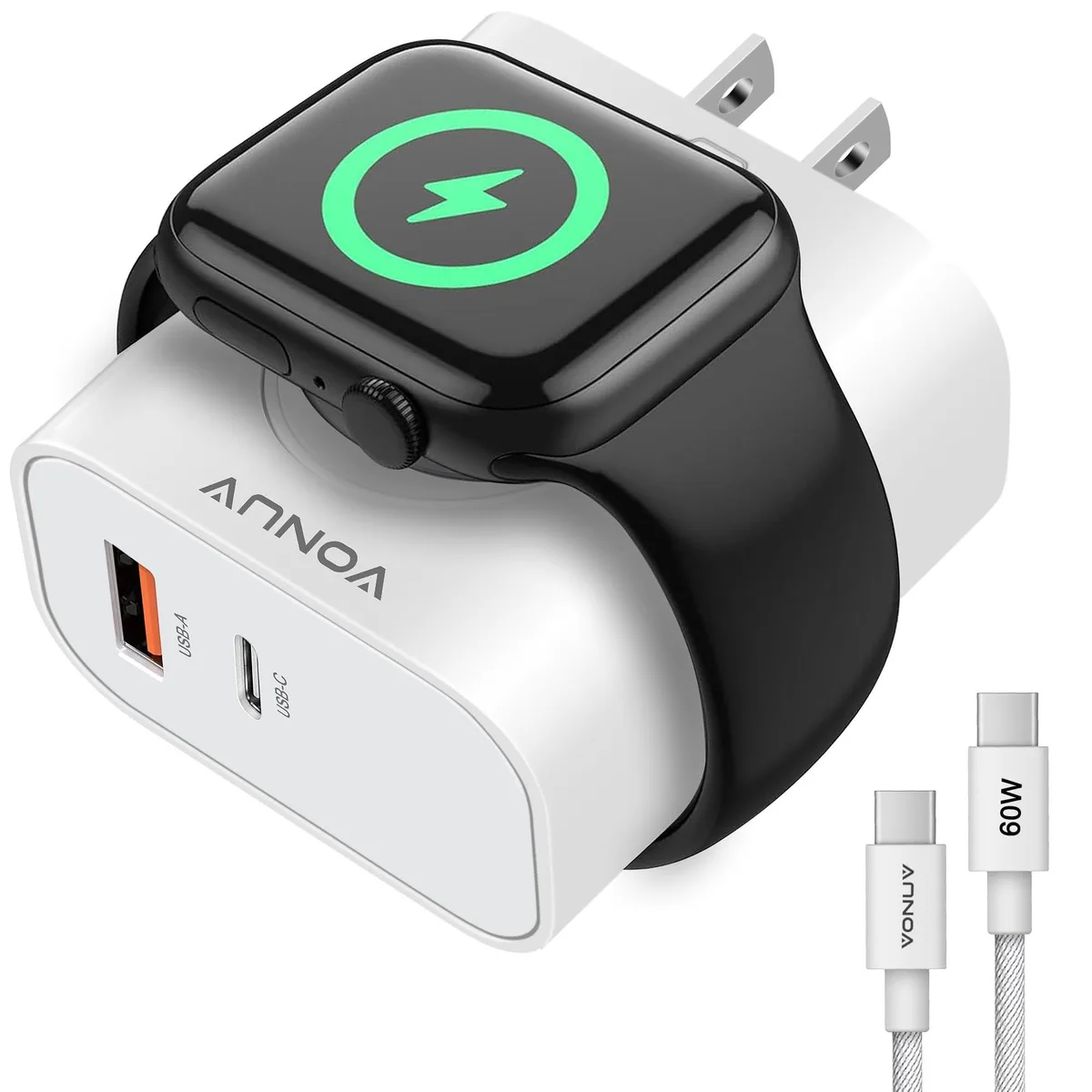  VONUV XHD-PDW23W-AC 3-in-1 USB Charger 20W USB-C 18W USB-A 3W Watch — product photo