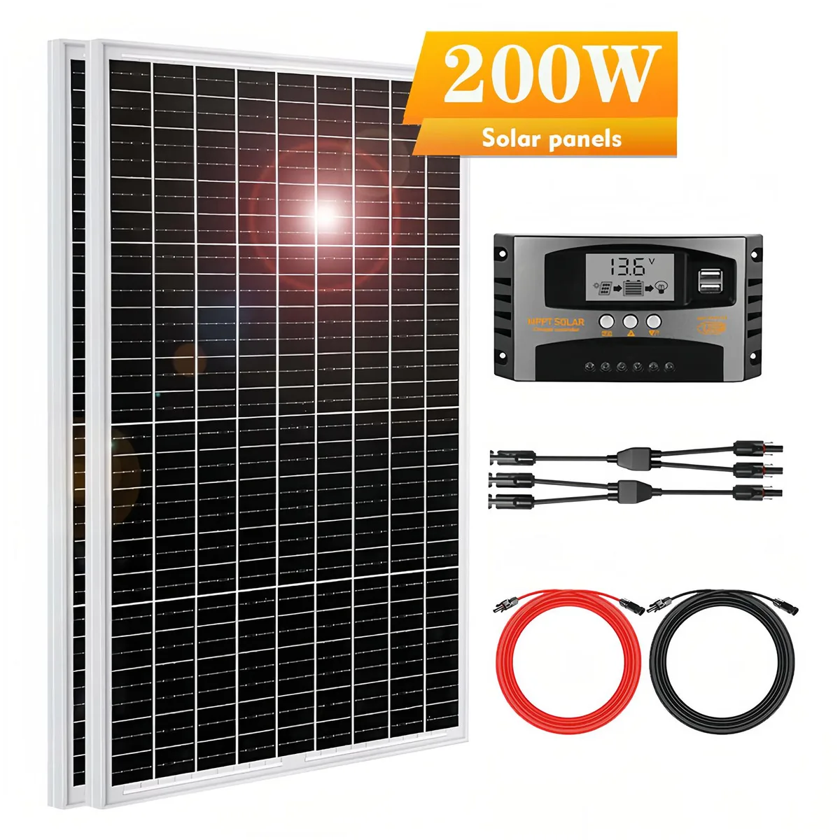 A blue rectangular solar panel with silver aluminium frame and attached charge controller box