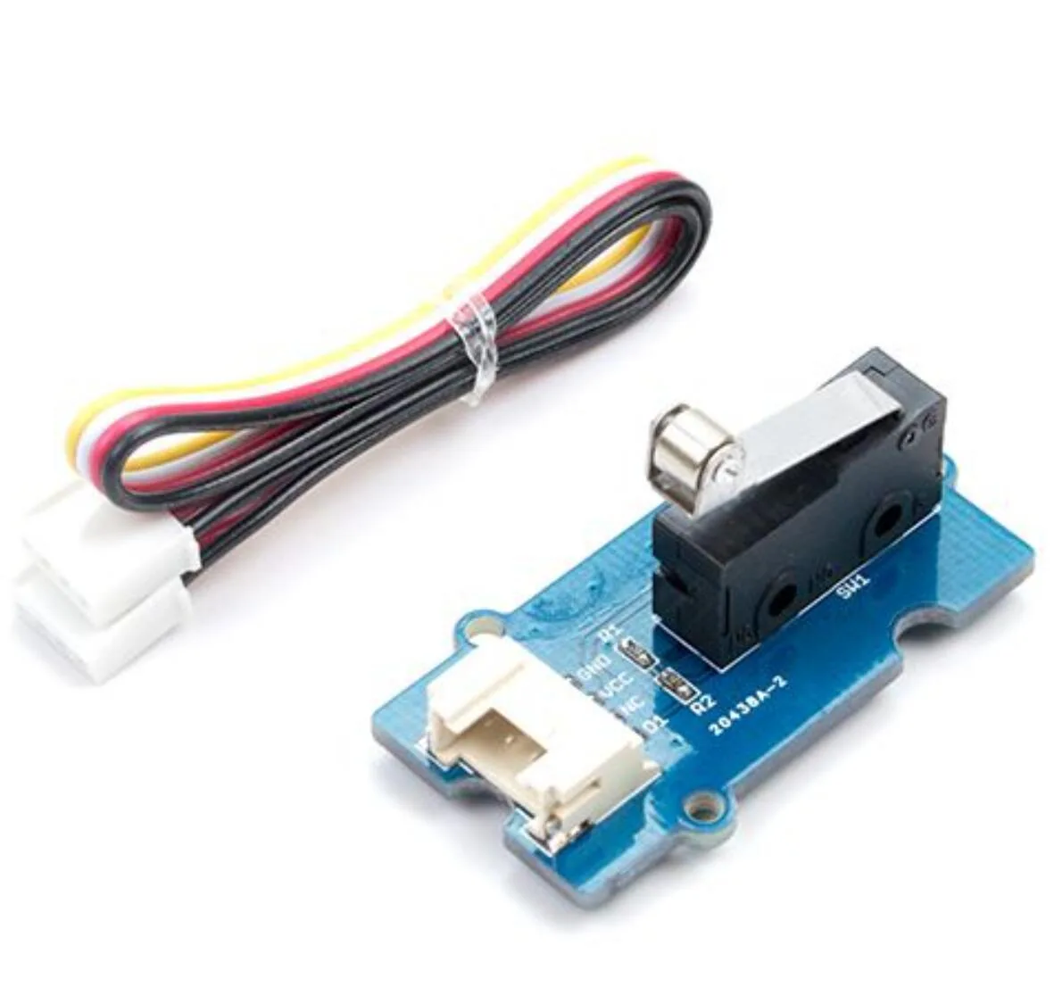 Small rectangular micro switch module with Grove connector and cable, light grey plastic body, 40 by 20 by 20 millimetres, 10 grams