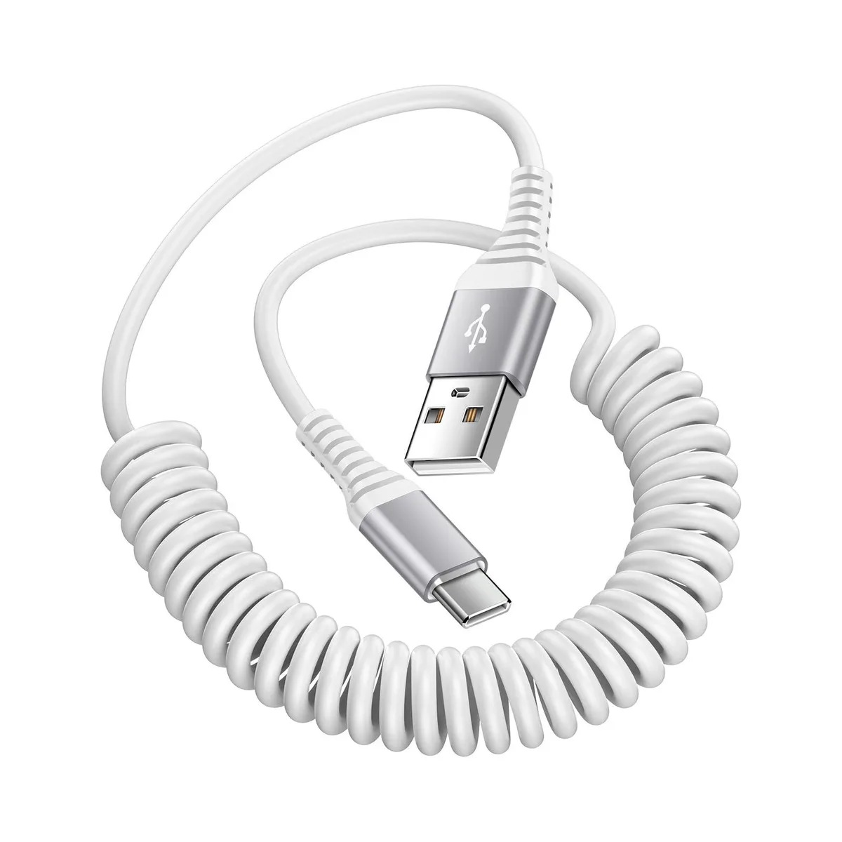 White retractable USB A to USB C coiled cable, 3ft extended length