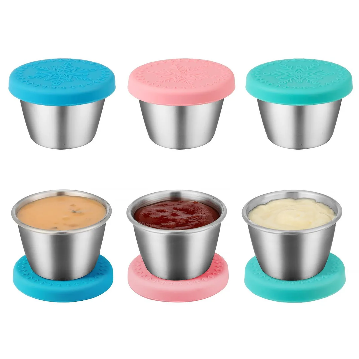 Six red stainless steel sauce cups with silicone lids