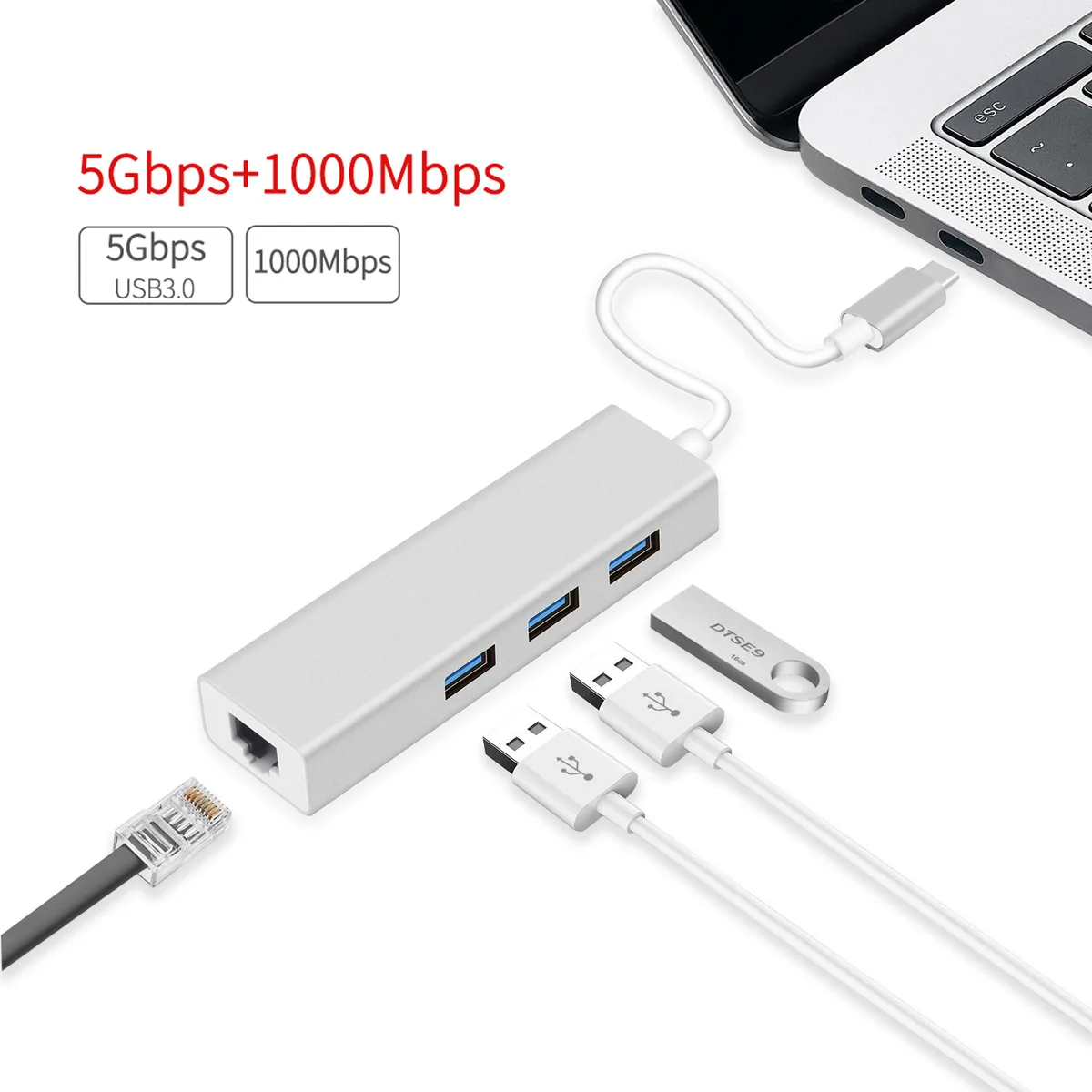 LUOM LUOM ULC28 USB-C Gigabit Ethernet Adapter 3 Port USB 3.0 1000/100/10Mbps RJ45 LAN Network Adapter Silver — product photo
