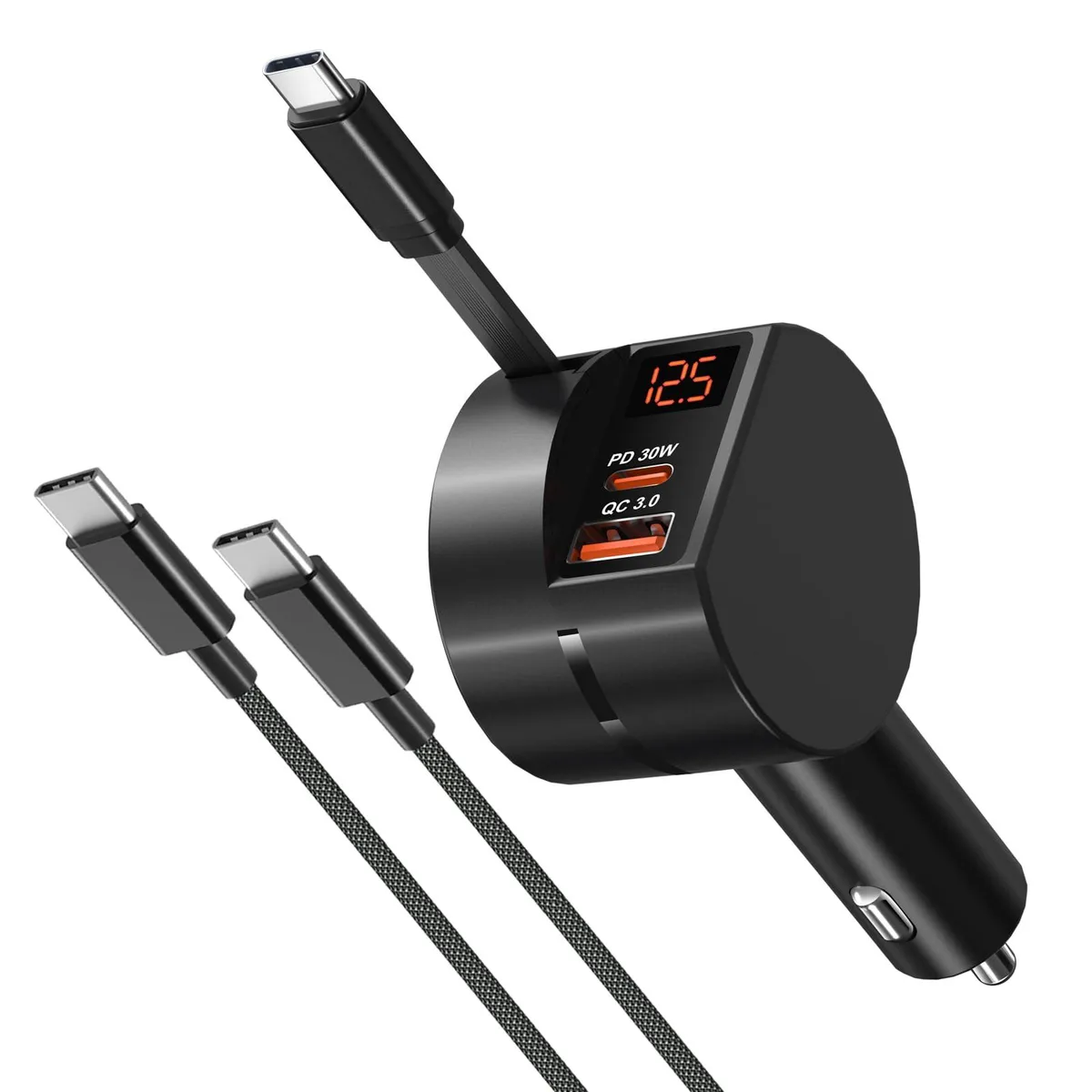 Black rectangular car charger with retractable USB-C cable, USB-C and USB-A ports, digital voltage display, and extra long USB-C cable