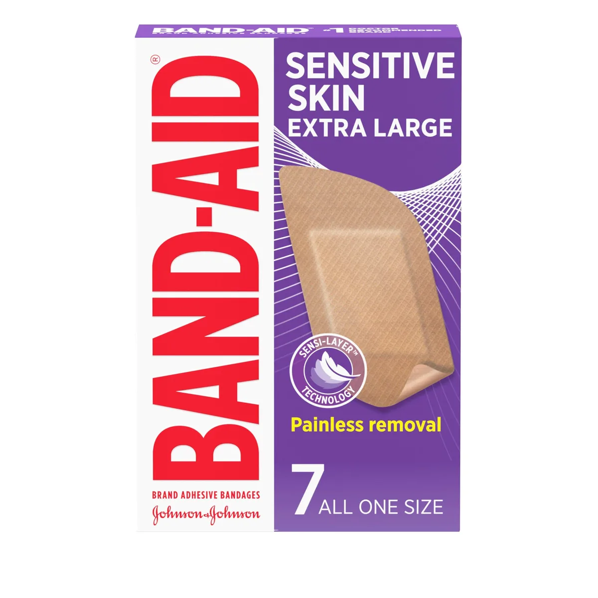 White cardboard box showing extra large hypoallergenic adhesive bandages for sensitive skin