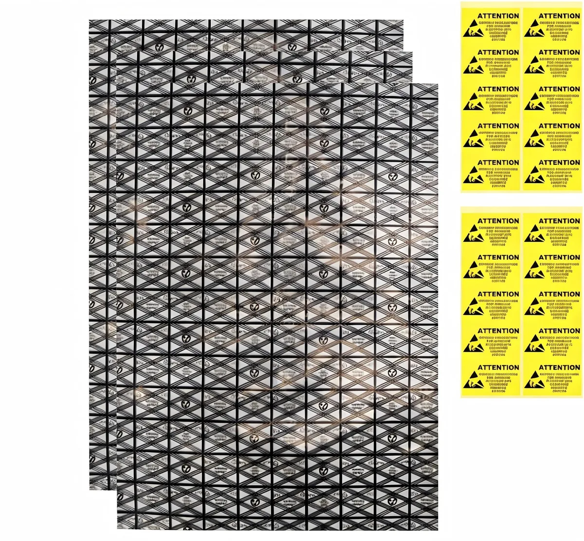Pack of twenty translucent black-grid ESD shielding bags, 12 by 15.8 inches, open top with anti-static stickers