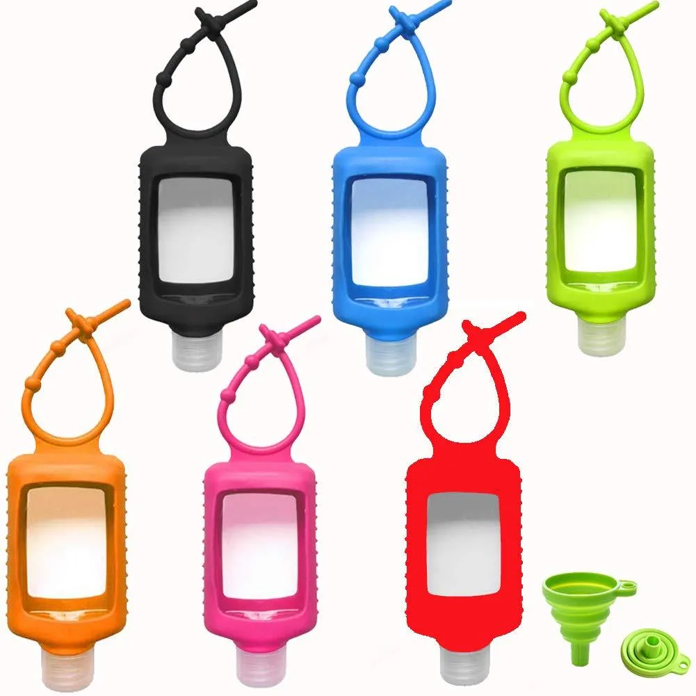 Six clear 60ml bottles with random colour silicone sleeves and flip caps, plus a collapsible funnel