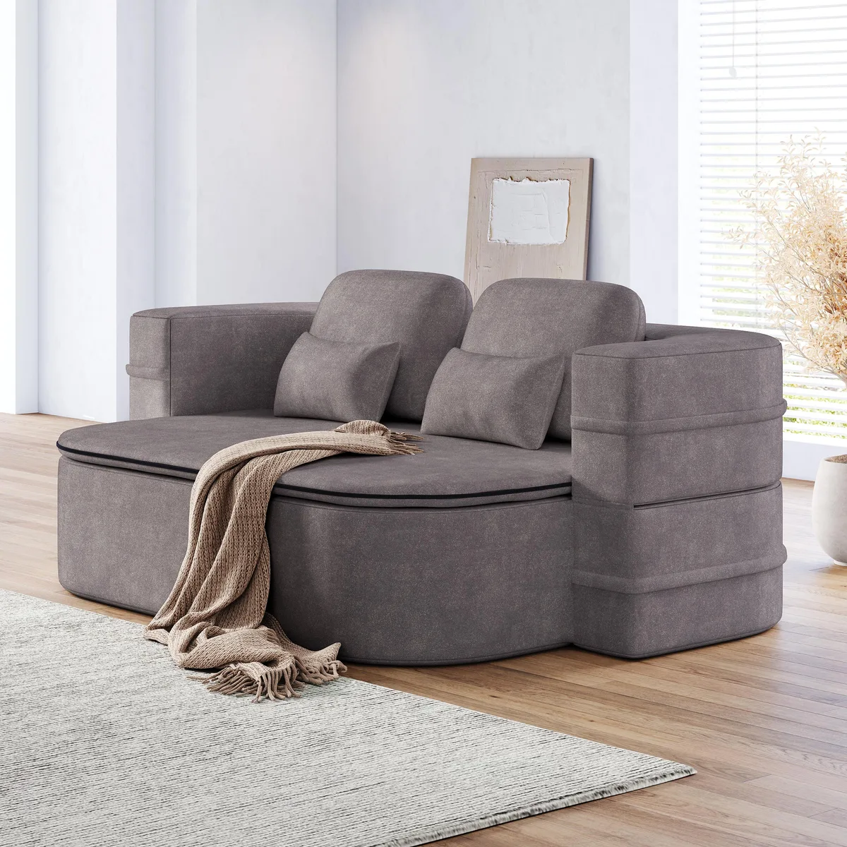 Grey chenille 75 inch foldable floor sofa bed with four pillows and folded blanket
