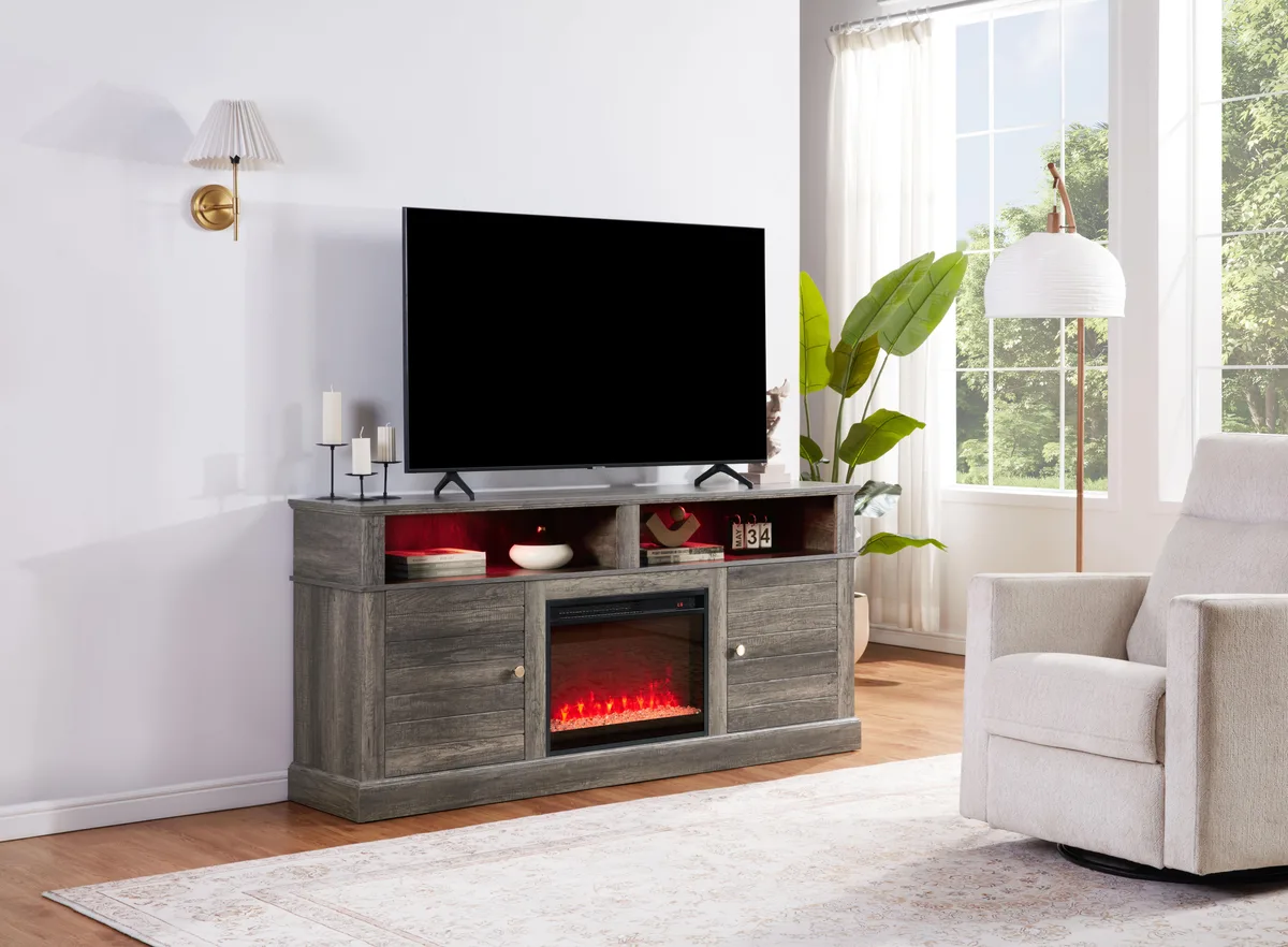 Gray walnut TV stand with fireplace heater and cabinets