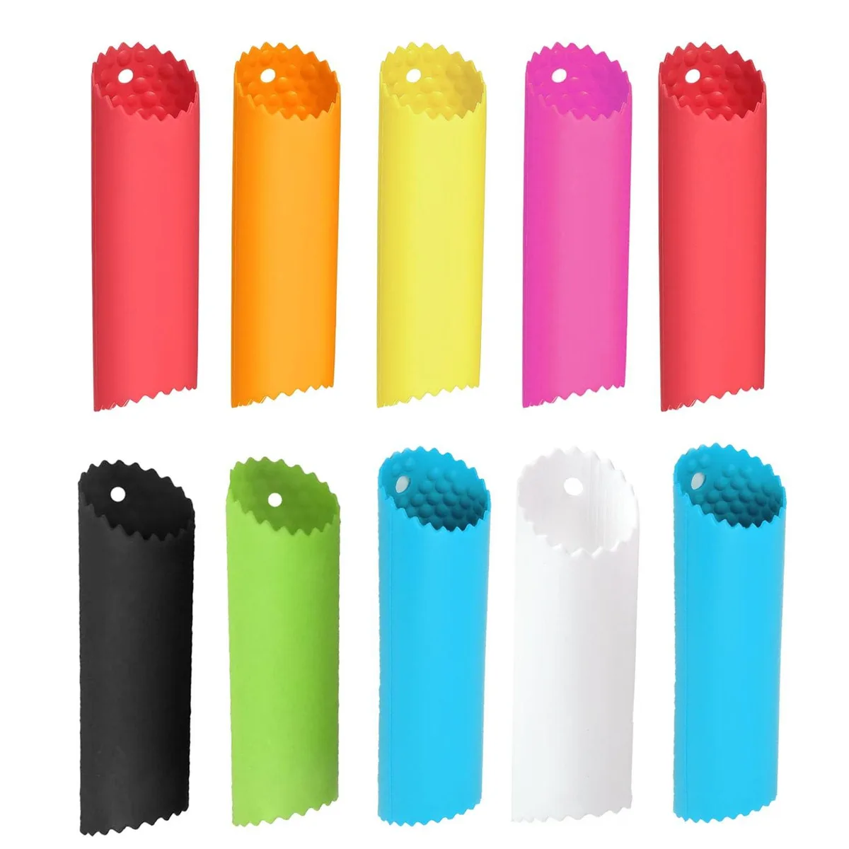 Ten silicone garlic rollers in assorted colours, tubular with textured interior