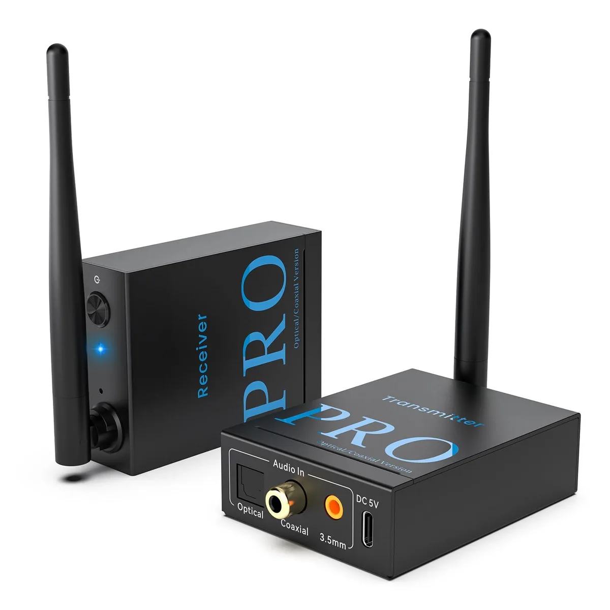 Small black wireless audio box with coaxial and 3.5mm ports, 2.36 by 3.15 inches