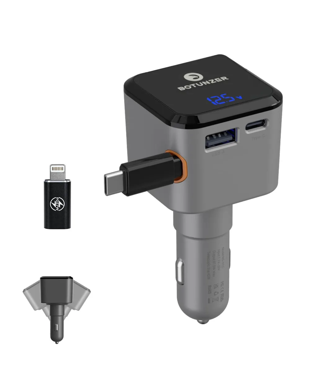 Compact black car charger with retractable cable and voltage display