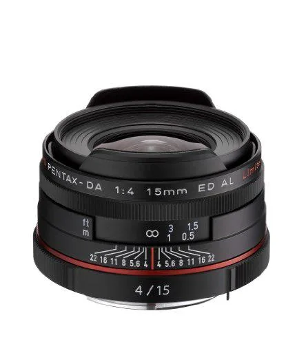 Black Pentax 15mm f/4 limited lens, compact prime with matte finish