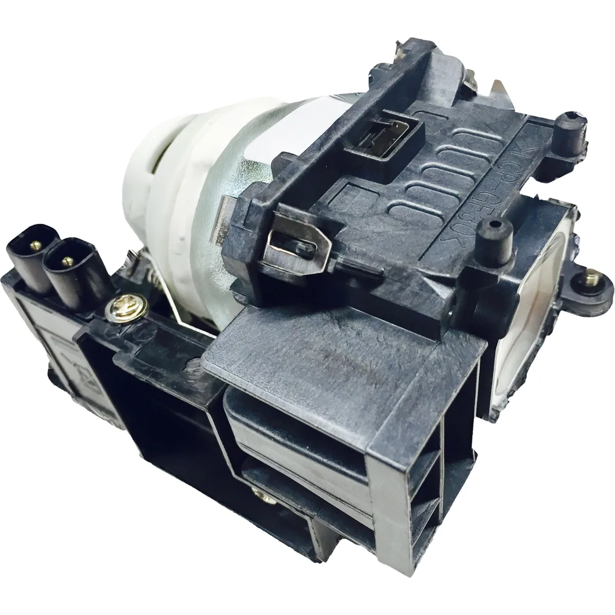 A new DLP replacement lamp module in its housing, dark grey rectangular form, ready for NEC projectors